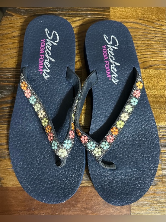 Skechers Shoes - Skechers Navy Yoga Foam Flip Flops with  Floral Beaded Straps. new without box